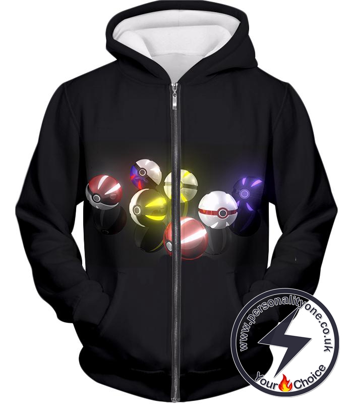 Pokemon Super Cool All Types of Pokeballs Awesome Black Zip Up Hoodie